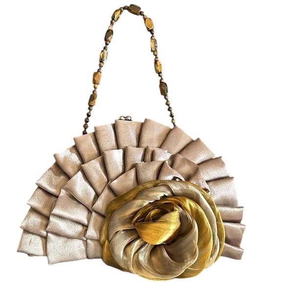 Vintage Taupe Satin Evening Bag Clutch with Gold Fabric Rose and Beaded Strap - Picture 2 of 9